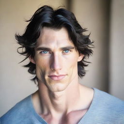 A tall and muscular masculine man with dark blue eyes and pale skin. His wavy black hair accentuates his handsome features.