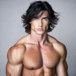 A tall and muscular masculine man with dark blue eyes and pale skin. His wavy black hair accentuates his handsome features.