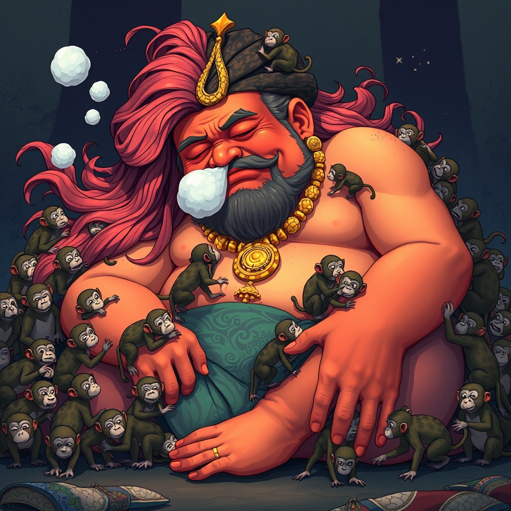 A vibrant and imaginative book cover design featuring a modern fantasy anime interpretation of Kumbakarna, depicted as a massive figure sleeping soundly