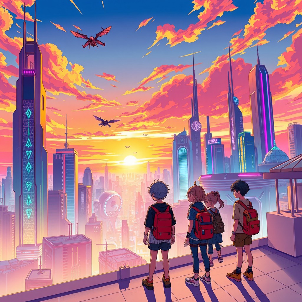 A vibrant and colorful anime scene depicting a futuristic city skyline at sunset, with towering skyscrapers adorned with neon lights