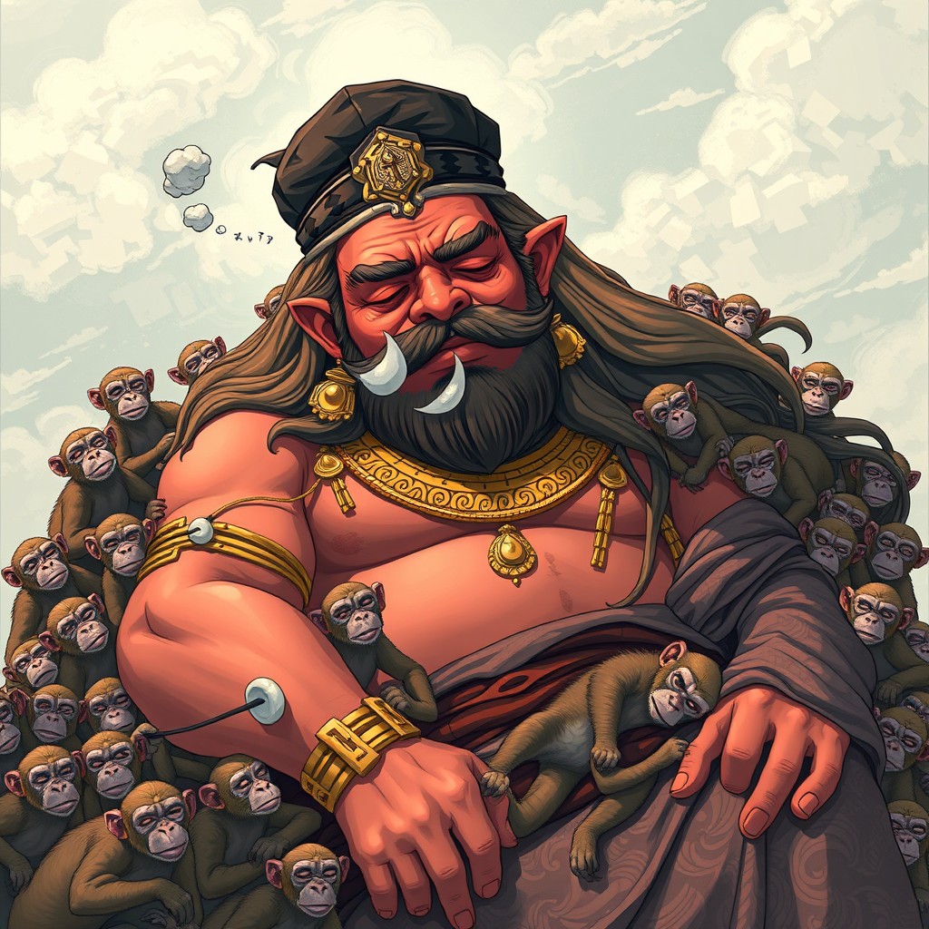 A captivating book cover design featuring a modern fantasy anime rendition of Kumbakarna, depicted as a giant figure sleeping soundly