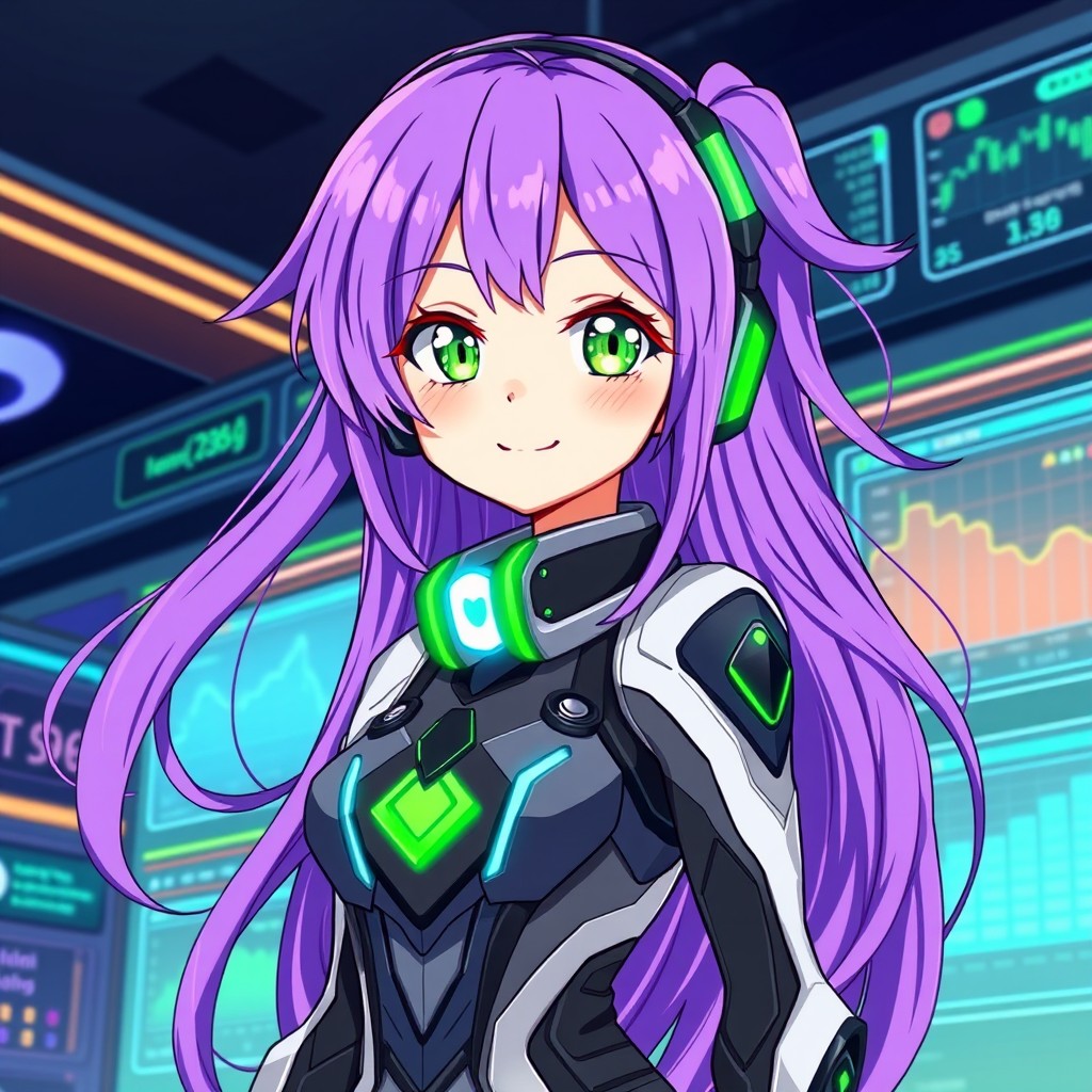 A stylish anime character avatar featuring a young woman with long, flowing purple hair and bright green eyes