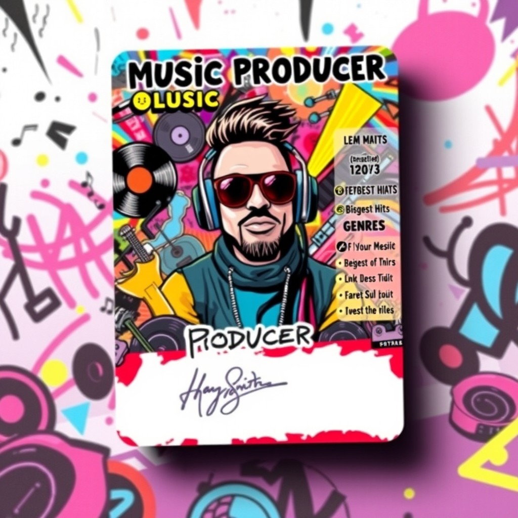 A vibrant and visually striking trading card design featuring a fictional music producer, showcasing their eclectic style