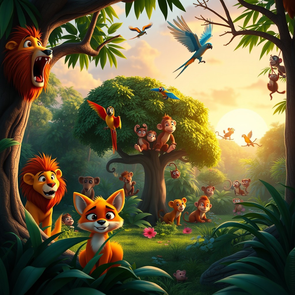 A wide 3D animated cartoon jungle scene at sunrise, filled with lively animals such as roaring lions, colorful parrots flying overhead, and playful monkeys swinging from tree branches