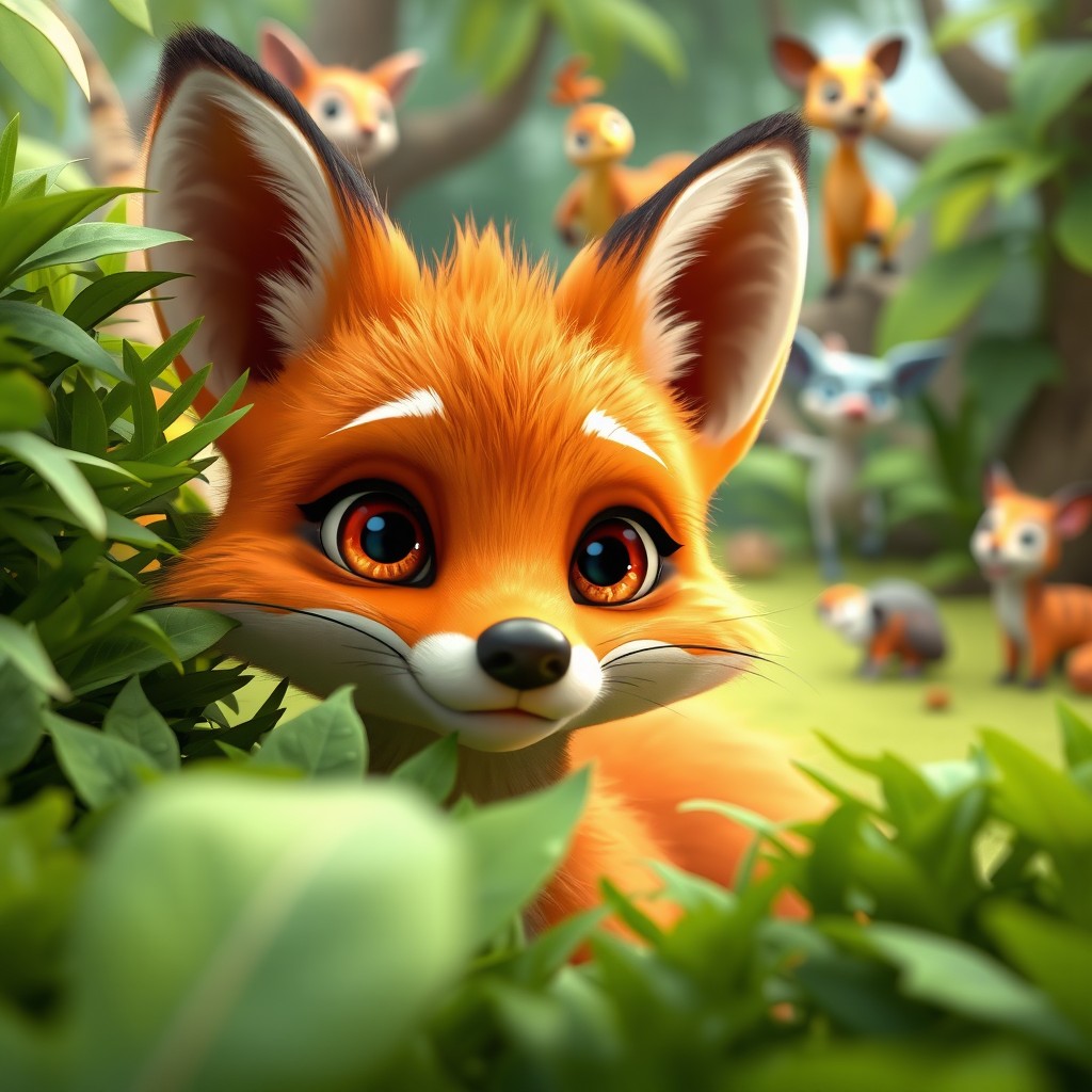 A close-up view of a young fox with vibrant orange fur and large expressive eyes, peeking out nervously from behind lush green bushes