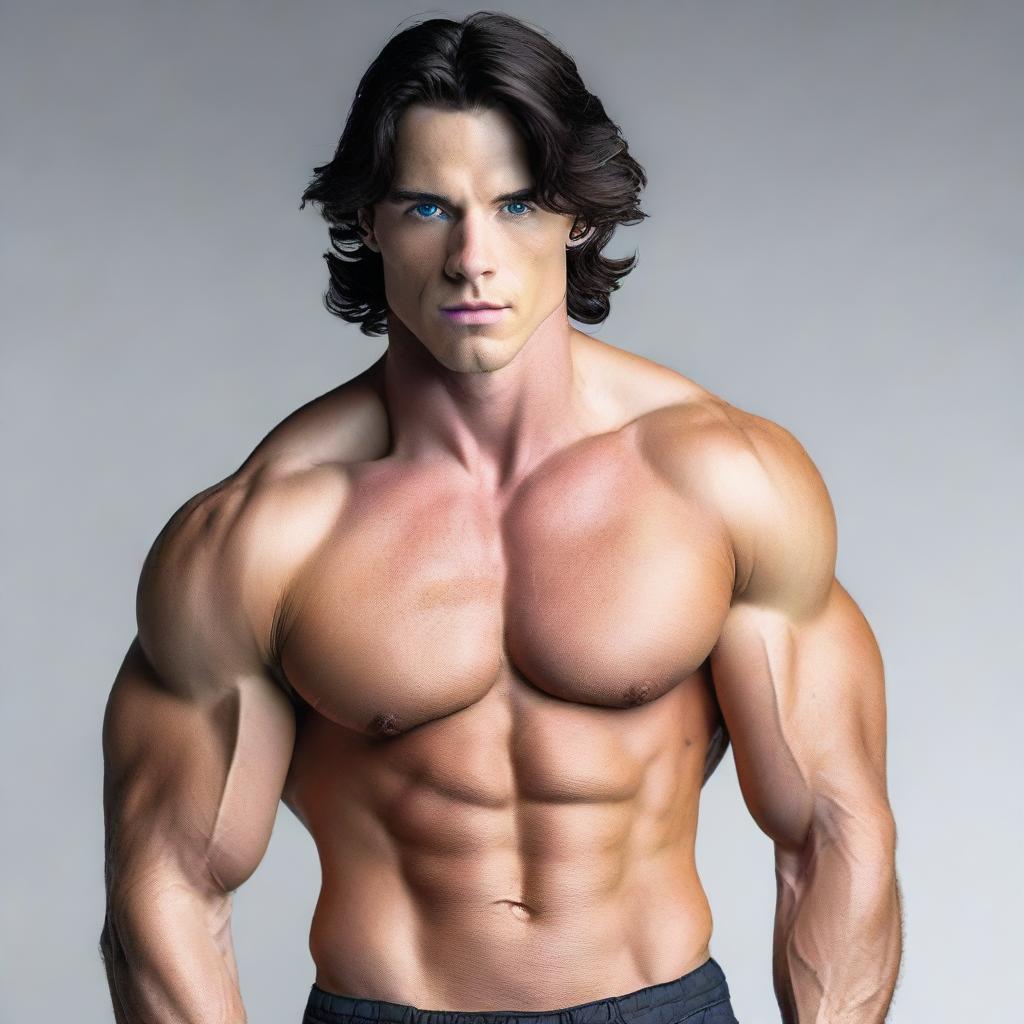 A tall and muscular masculine man with dark blue eyes and pale skin. His wavy black hair accentuates his handsome features.