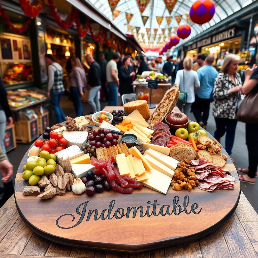 A beautifully arranged food grazing board displayed at a bustling market, featuring an assortment of gourmet cheeses, fresh fruits, artisan bread, cured meats, olives, and nuts