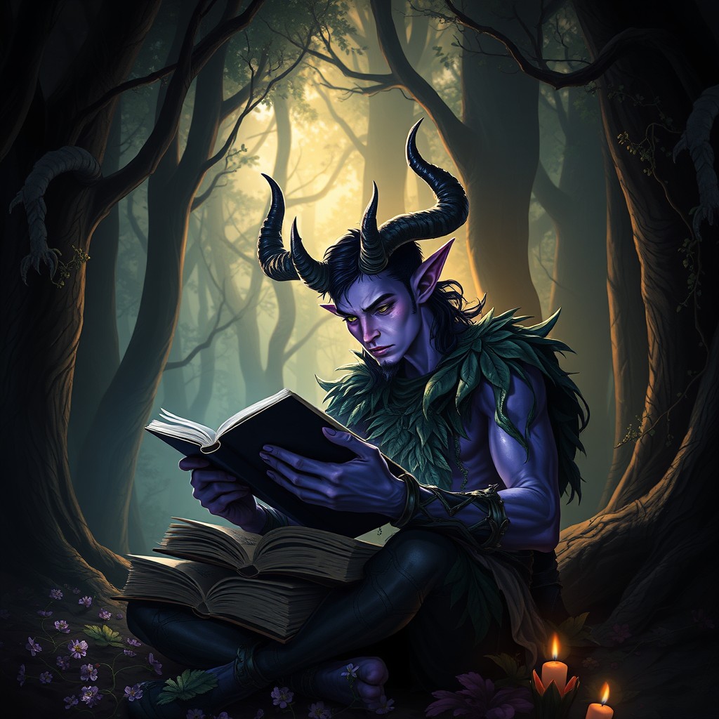 A purple young male tiefling druid deeply immersed in reading a stack of ancient books in a mystical dark forest