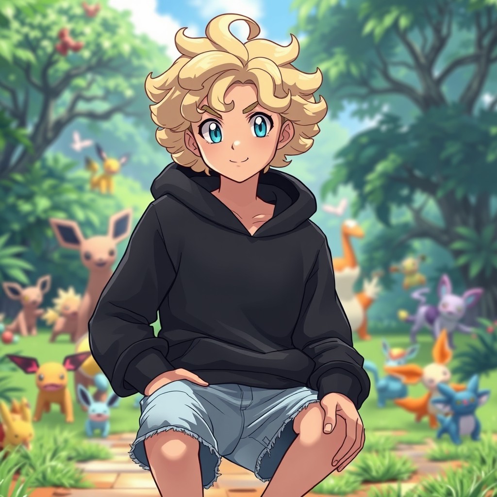 A 20-year-old male Pokémon trainer with curly dirty blonde hair and bright blue eyes
