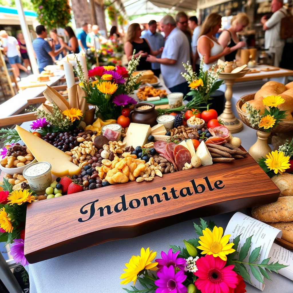An elegant grazing board displayed at a bustling market, featuring a variety of delicious foods such as artisanal cheeses, cured meats, fresh fruits, nuts, and gourmet breads