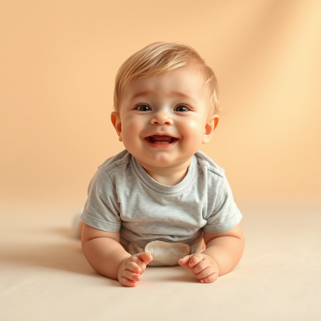 A realistic image of a smiling baby, with blonde hair, wearing a light gray T-shirt and a diaper