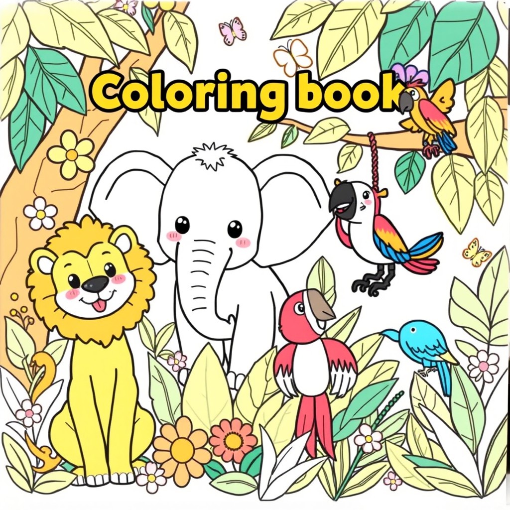 A delightful children's animal coloring book page featuring a variety of adorable animals in a playful and whimsical style