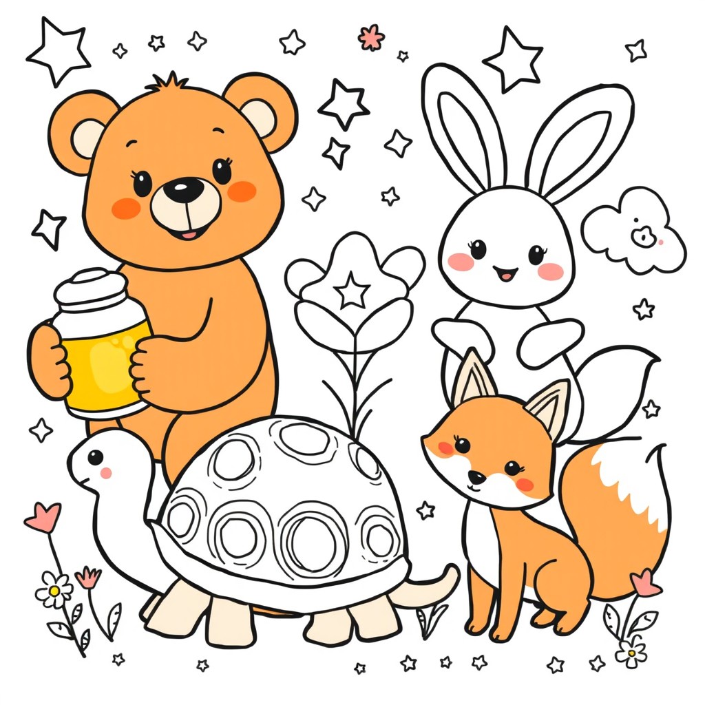 A charming children's animal coloring book page in a cute and cartoonish style featuring a variety of adorable animals