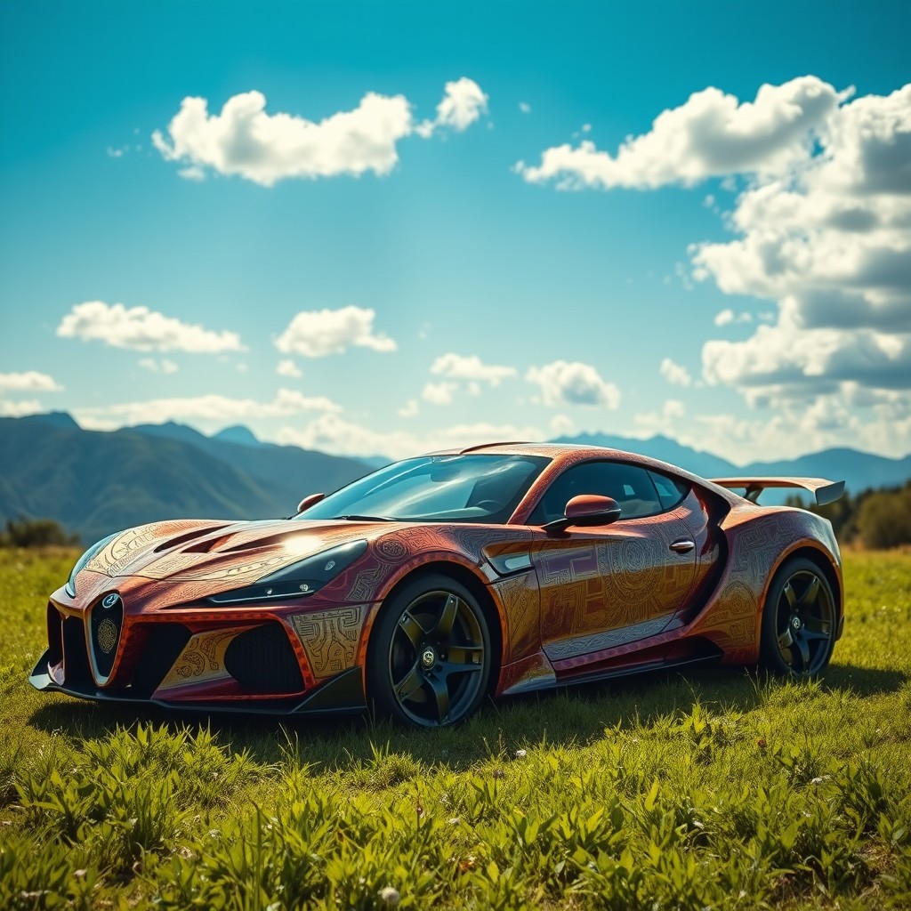 A stunning and unique Aztec-inspired car, featuring intricate designs and vibrant colors reminiscent of traditional Aztec art