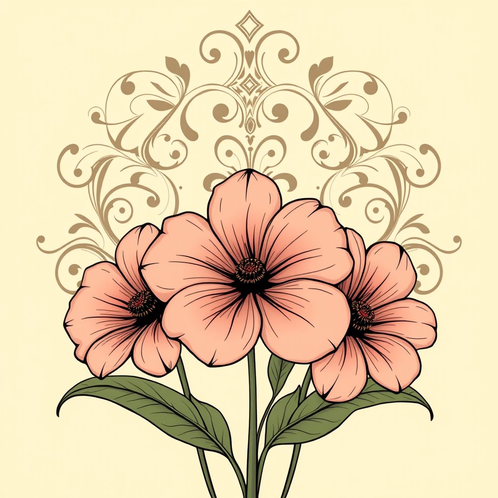 A comic style illustration featuring three flowers with large petals and leaves prominently placed in the center foreground