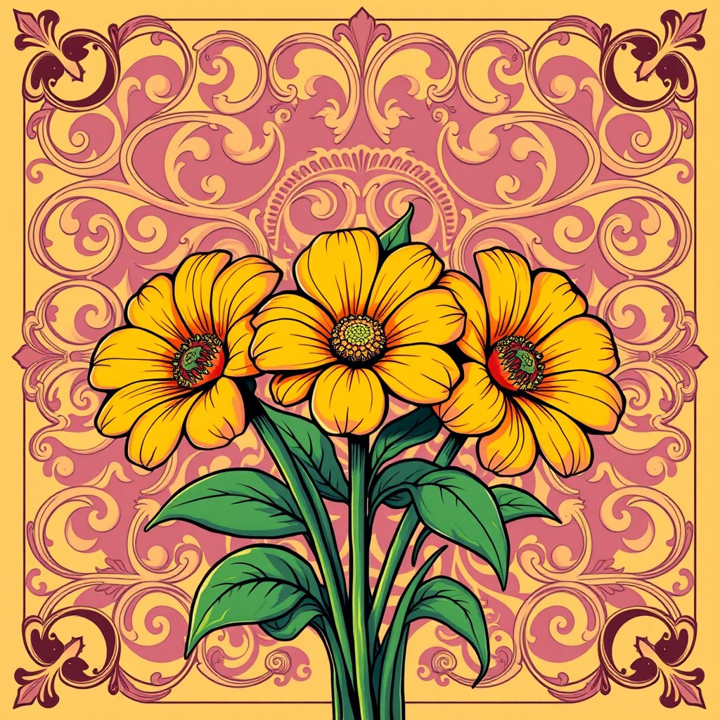A vibrant comic style illustration showcasing three flowers with large petals and leaves prominently in the center foreground