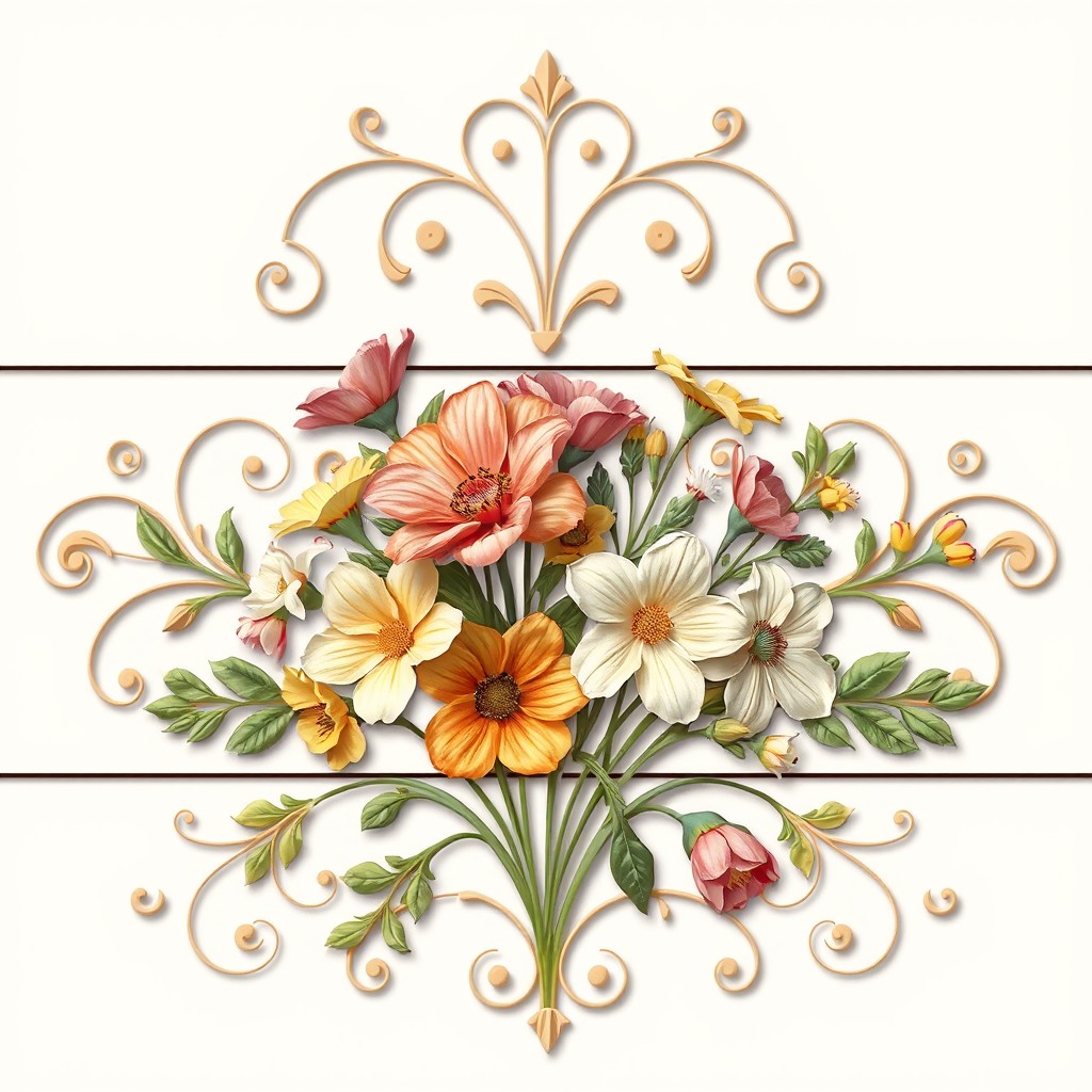 A floral ornament designed within a horizontal rectangular format, featuring an arrangement of flowers in the foreground viewed from above, ensuring no stems are visible