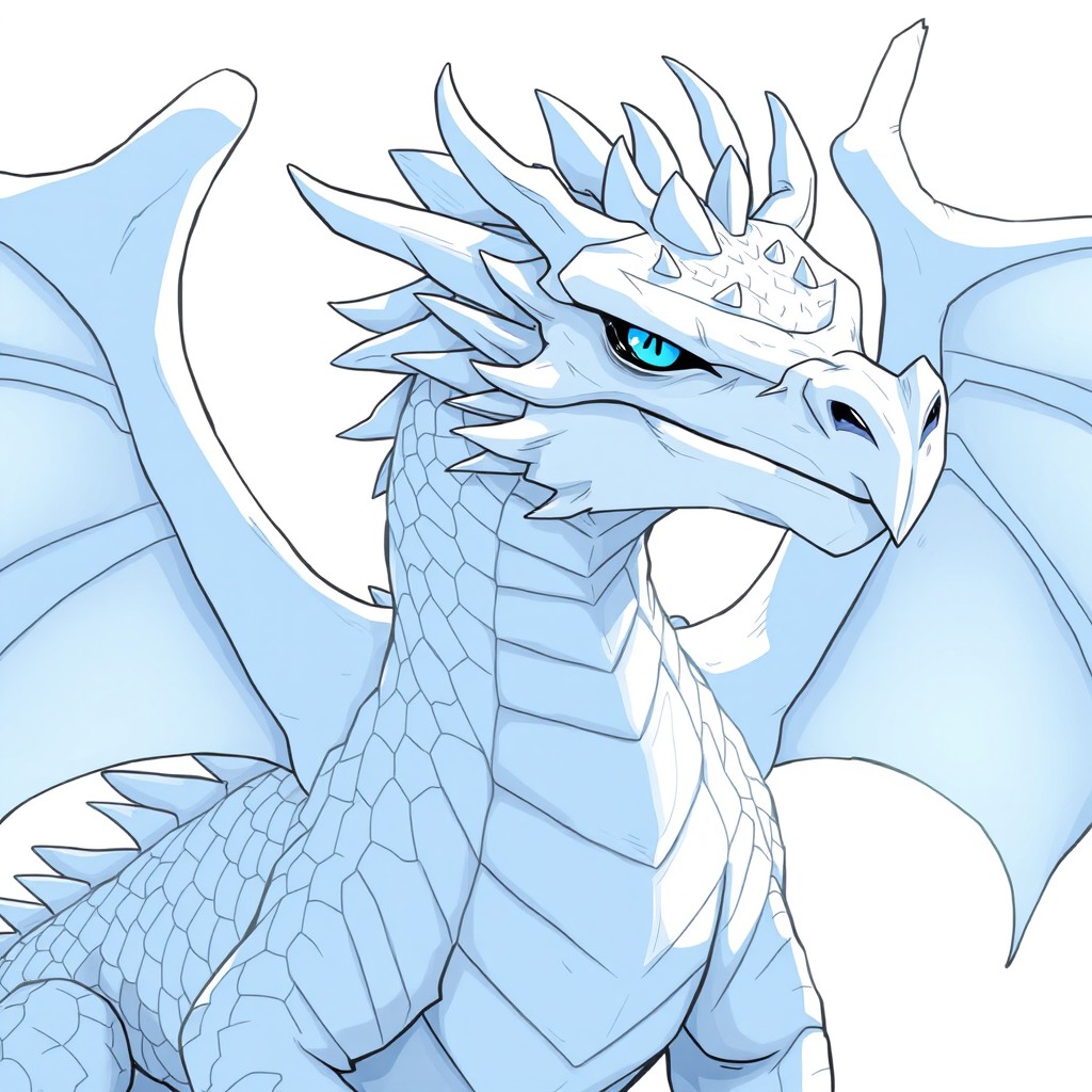 A large white dragon with light blue shading in an illustrative style