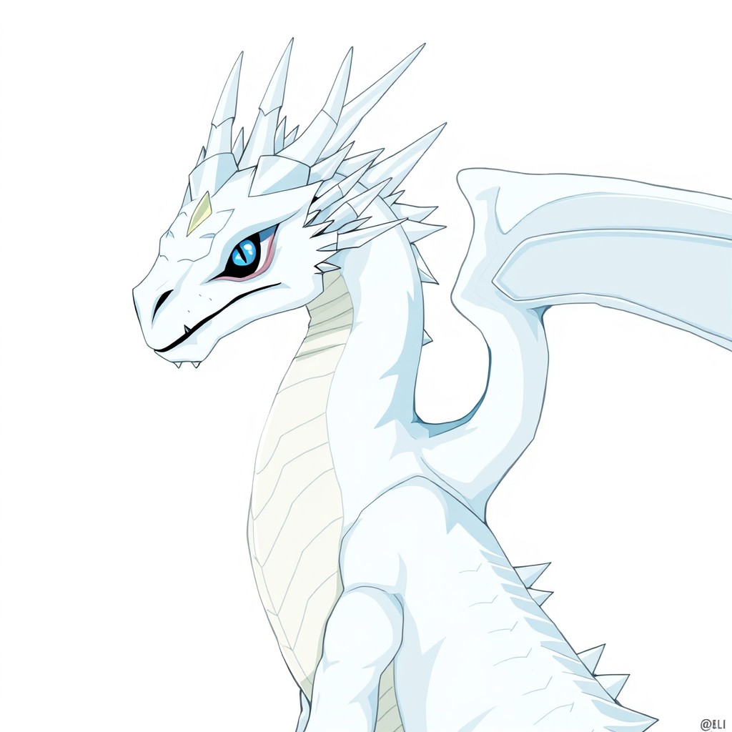 A large, elegant white dragon with light blue shading in an illustrative style