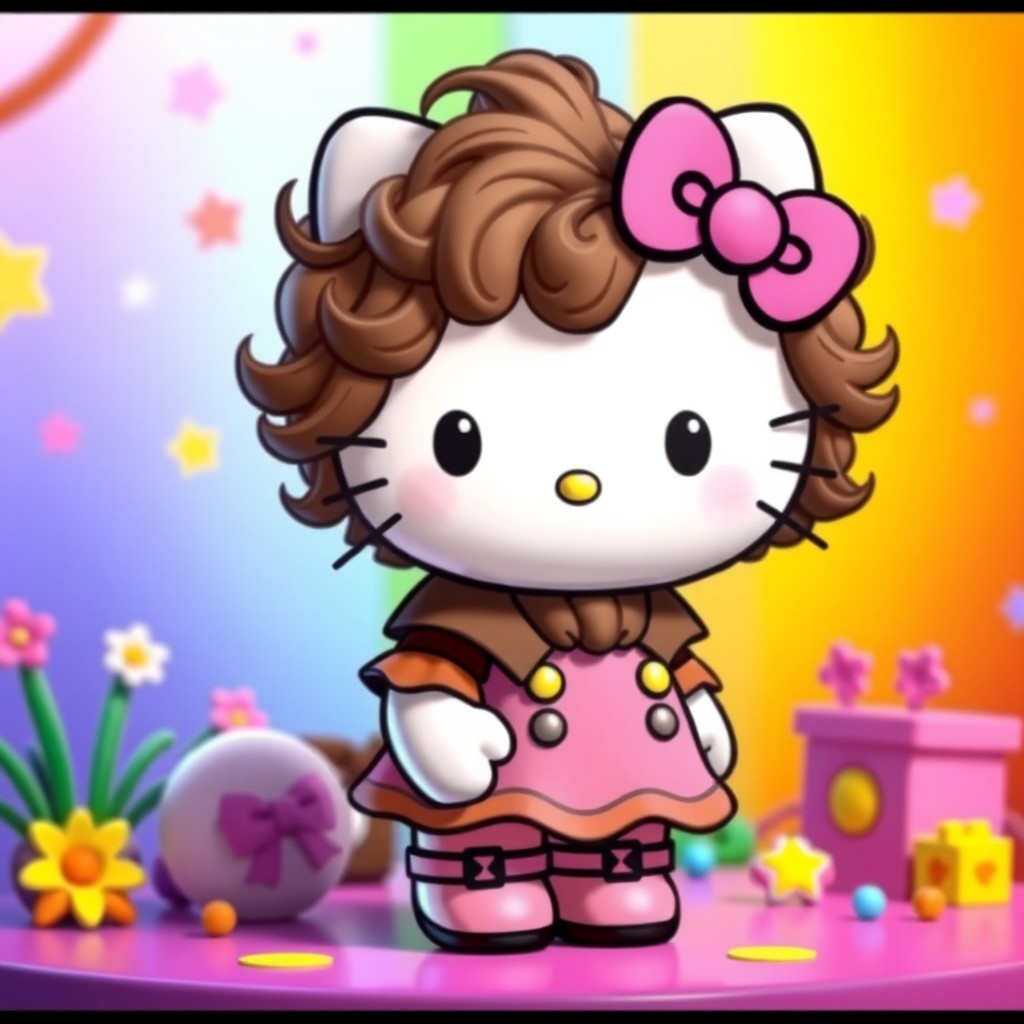 A cute and stylized version of Hello Kitty with short, curly chocolate brown hair