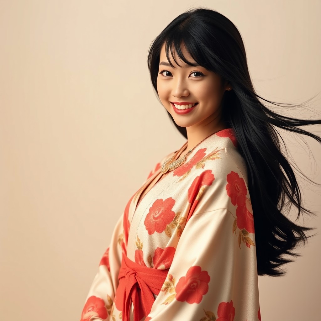 A stunning 20-year-old Japanese model posing elegantly against a minimalist backdrop, showcasing a blend of traditional and modern fashion elements