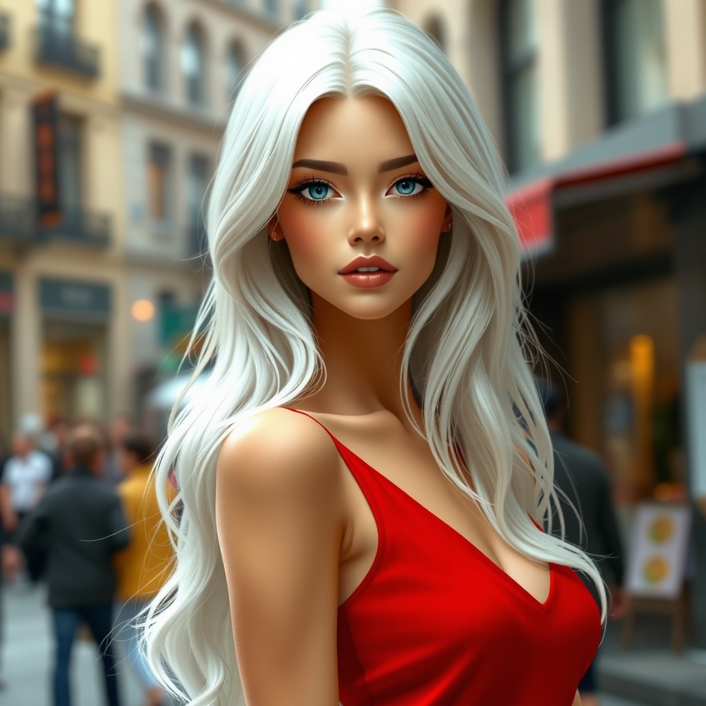 A realistic female model with long, slightly wavy platinum hair and large blue eyes, set against a city street backdrop