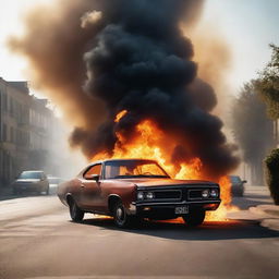 A car engulfed in bright, dramatic flames, parked on an empty street. Smoke is billowing up towards the cloudless sky. The car is glowing from the heat, casting eerie shadows onto the pavement