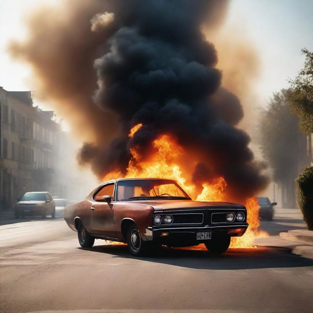 A car engulfed in bright, dramatic flames, parked on an empty street. Smoke is billowing up towards the cloudless sky. The car is glowing from the heat, casting eerie shadows onto the pavement