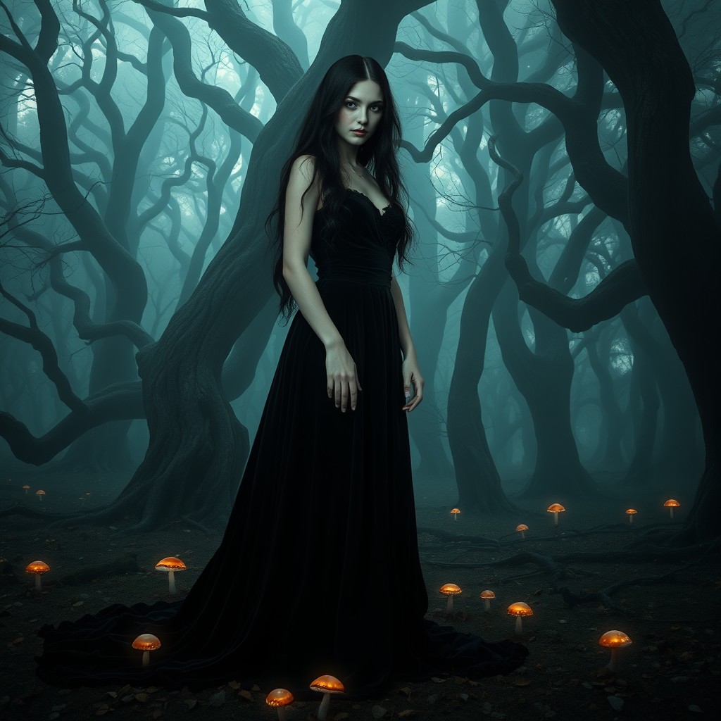 A gothic maiden standing elegantly in a deep, spooky forest