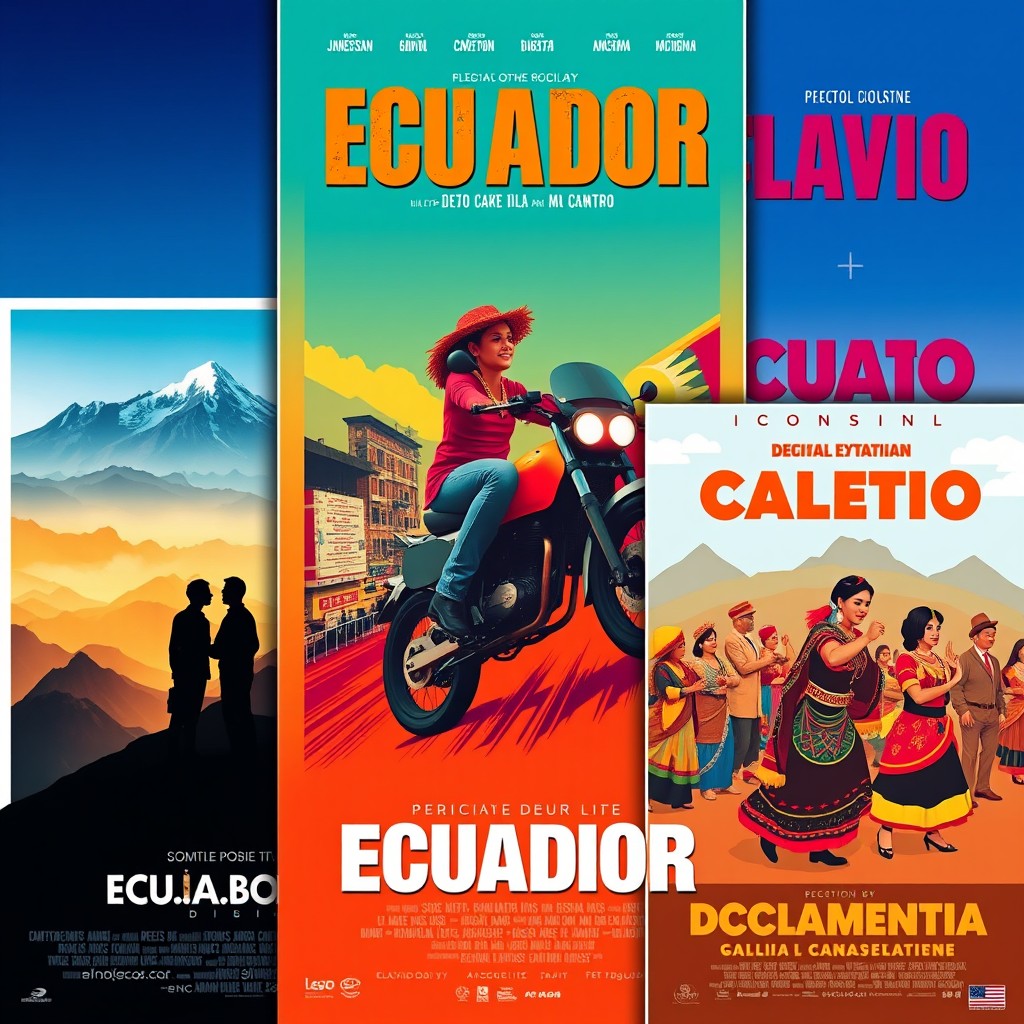 A vibrant and dynamic collage of Ecuadorian movie posters showcasing various genres