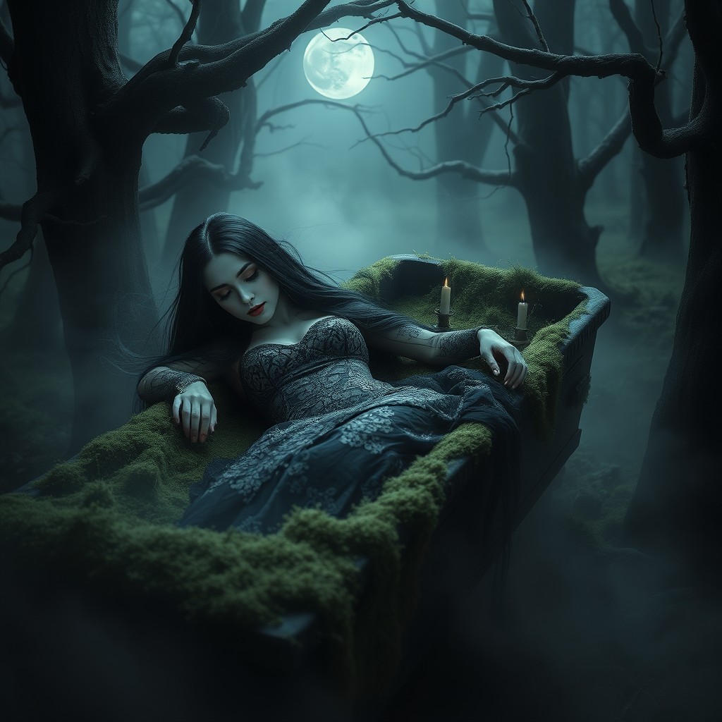 A gothic maiden with long, flowing black hair, delicate features, and wearing a dark, intricate lace gown, gracefully laying in a mossy coffin surrounded by an eerie, atmospheric forest