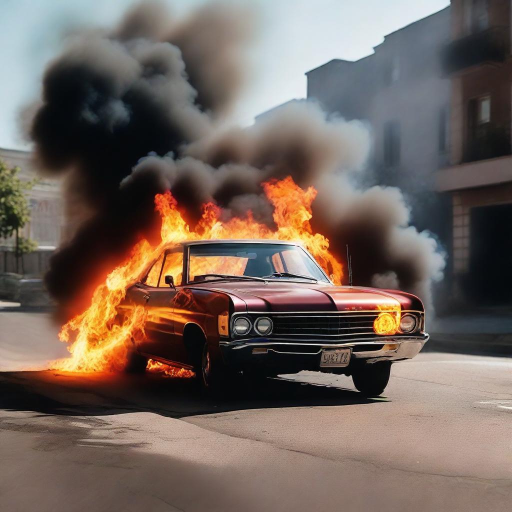 A car engulfed in bright, dramatic flames, parked on an empty street. Smoke is billowing up towards the cloudless sky. The car is glowing from the heat, casting eerie shadows onto the pavement