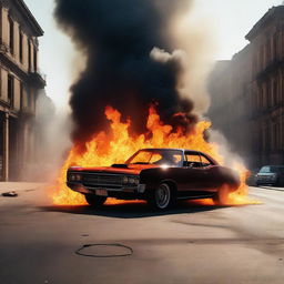 A car engulfed in bright, dramatic flames, parked on an empty street. Smoke is billowing up towards the cloudless sky. The car is glowing from the heat, casting eerie shadows onto the pavement