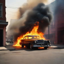 A car engulfed in bright, dramatic flames, parked on an empty street. Smoke is billowing up towards the cloudless sky. The car is glowing from the heat, casting eerie shadows onto the pavement