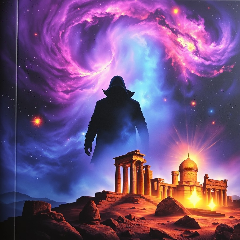 A captivating book cover featuring cosmic galaxies swirling with vibrant colors of deep purples, blues, and hints of gold, creating a mystical atmosphere