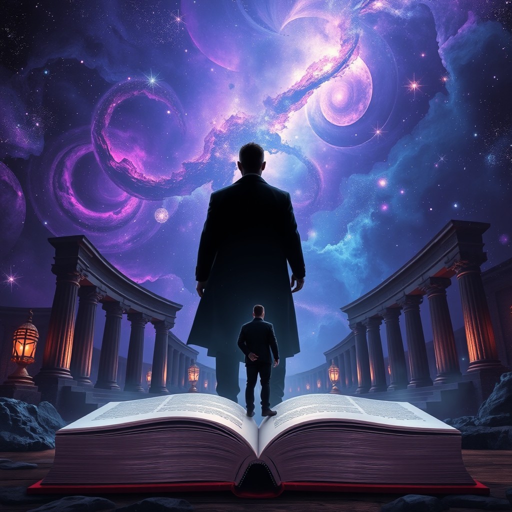 A stunning book cover featuring cosmic galaxies filled with swirling hues of deep purples and blues, accented with magical sparkles
