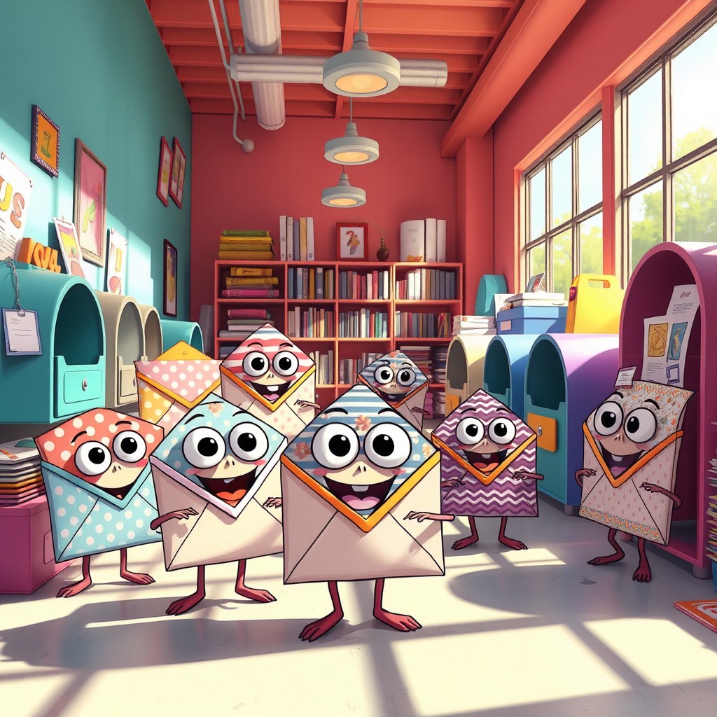 A whimsical scene featuring a group of quirky, colorful envelopes known as 'Illvalopes'