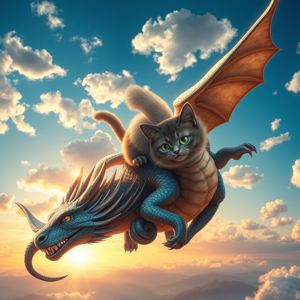 A majestic, mythical dragon soaring through a vibrant, blue sky filled with fluffy white clouds