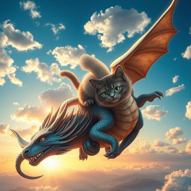 A majestic, mythical dragon soaring through a vibrant, blue sky filled with fluffy white clouds