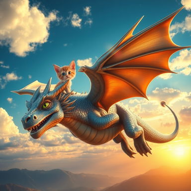 A majestic, mythical dragon soaring through a vibrant, blue sky filled with fluffy white clouds