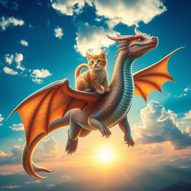 A majestic, mythical dragon soaring through a vibrant, blue sky filled with fluffy white clouds