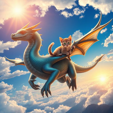 A majestic, mythical dragon soaring through a vibrant, blue sky filled with fluffy white clouds