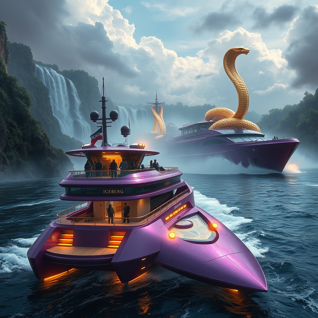 A crew of modern-day treasure hunters embarking on an adventure aboard a large, luxurious, futuristic three-story yacht named 'Iceberg', which is purple with gold accents, resembling an intergalactic spaceship