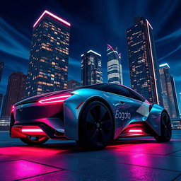 A stunning portrait of a sleek, futuristic vehicle with a metallic body, bathed in soft neon lights