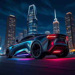 A stunning portrait of a sleek, futuristic vehicle with a metallic body, bathed in soft neon lights