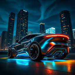 A stunning portrait of a sleek, futuristic vehicle with a metallic body, bathed in soft neon lights