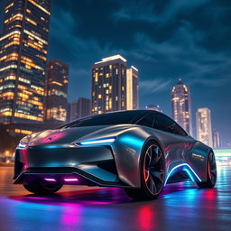 A stunning portrait of a sleek, futuristic vehicle with a metallic body, bathed in soft neon lights