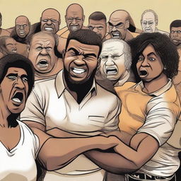 Portray a diverse group of individuals exuding strong expressions of anger or frustration, in a safe and non-violent environment.