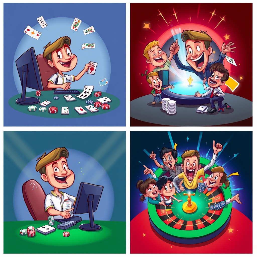 A series of playful caricature posters depicting an exciting online gambling theme