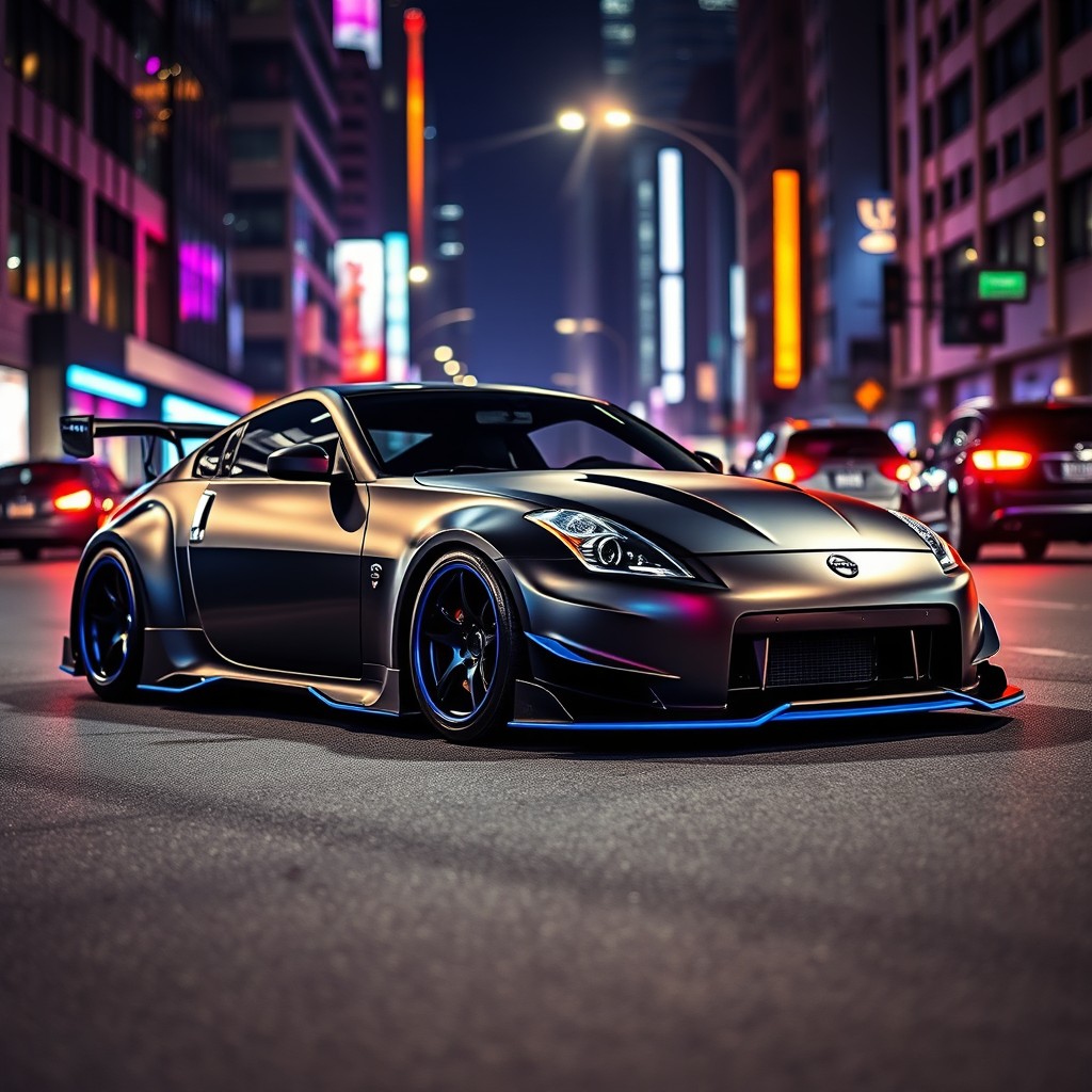 A customized Nissan 350Z featuring an aggressive body kit, showcased on a dynamic city street at night